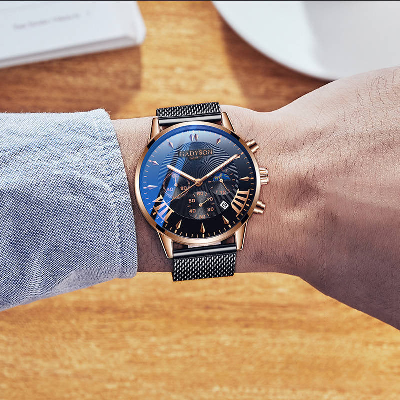 Fake Three-Eye Calendar Popular Event Buckle Men's Alloy Mesh Strap Watch