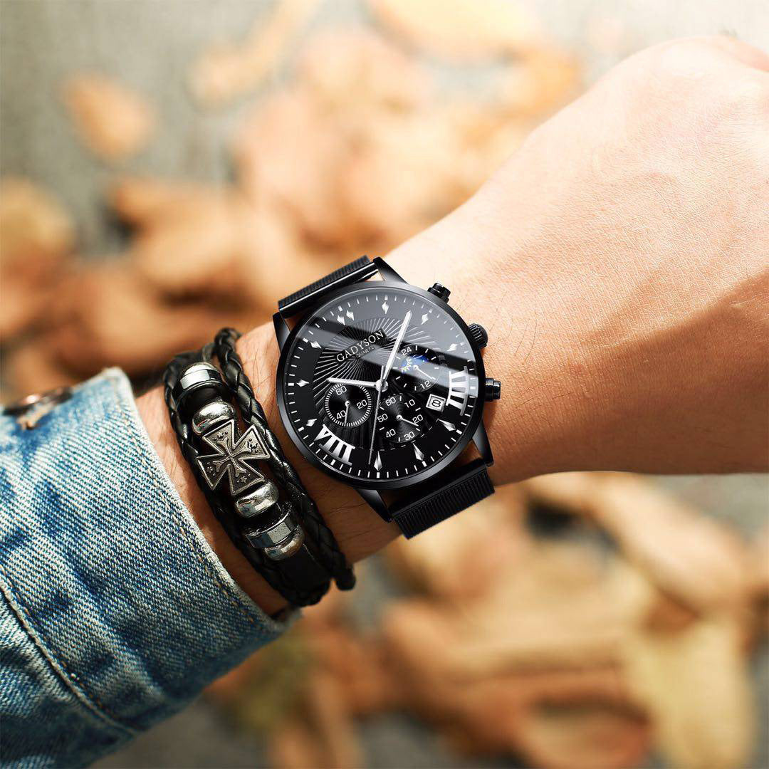 Fake Three-Eye Calendar Popular Event Buckle Men's Alloy Mesh Strap Watch