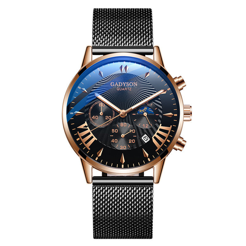 Fake Three-Eye Calendar Popular Event Buckle Men's Alloy Mesh Strap Watch