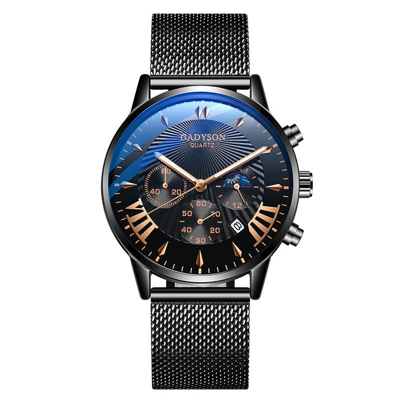 Fake Three-Eye Calendar Popular Event Buckle Men's Alloy Mesh Strap Watch