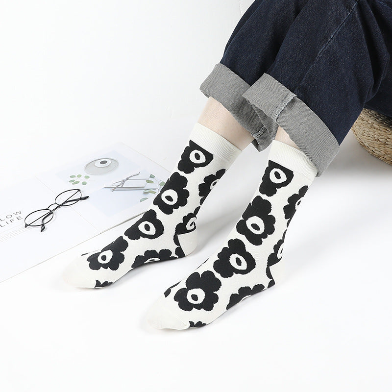 Girly Cute Ins Wind Flower Socks Cotton Mid-Tube Socks