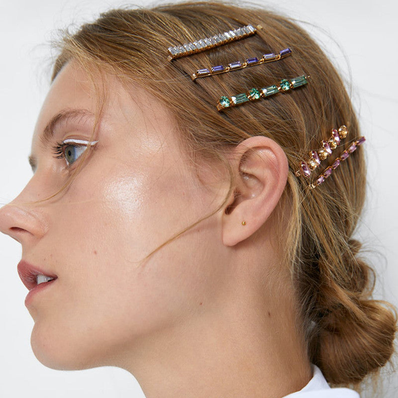 European and American Style Hair Clip Set With Colored Diamonds