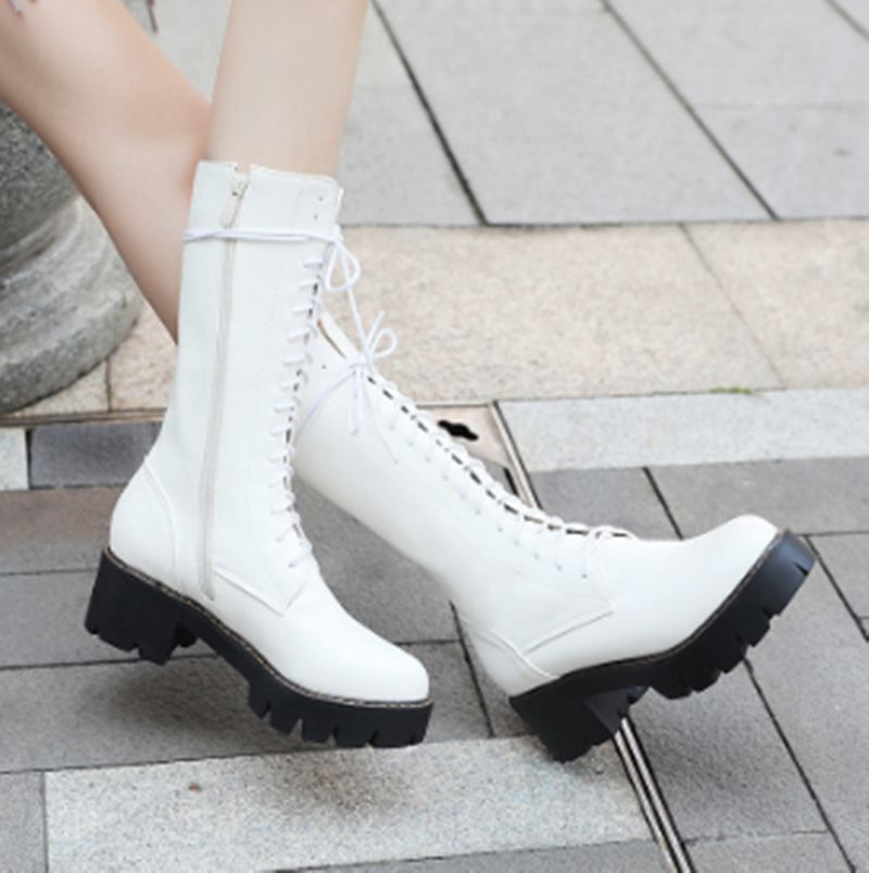 Vintage Cross Lace Roman Boots Mid-tube Martin Boots