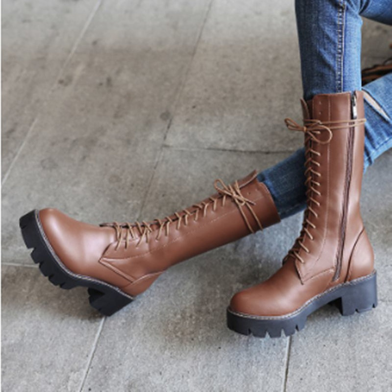 Vintage Cross Lace Roman Boots Mid-tube Martin Boots