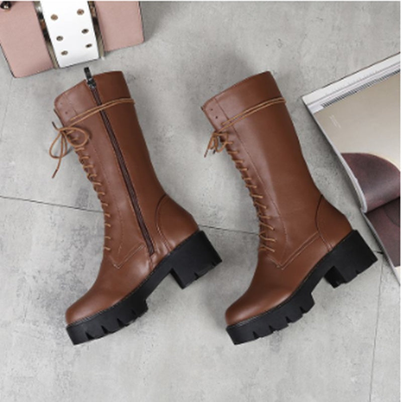 Vintage Cross Lace Roman Boots Mid-tube Martin Boots