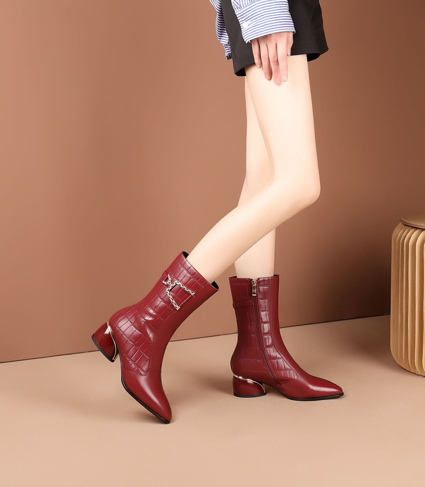 Burgundy Plus Cashmere Martin Boots Women All-Match Leather Boots Children