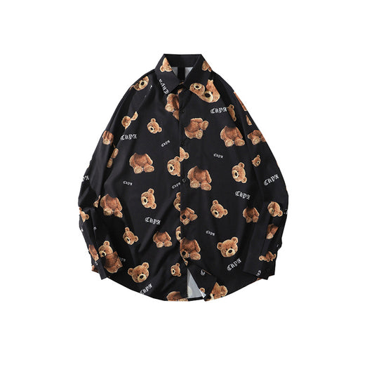 Bear Print Long-sleeved Shirt Men and Women High Street Drop Shoulder Shirt