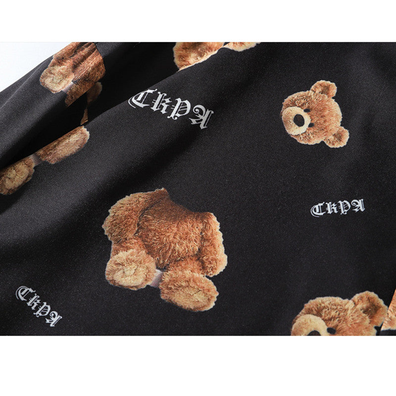 Bear Print Long-sleeved Shirt Men and Women High Street Drop Shoulder Shirt