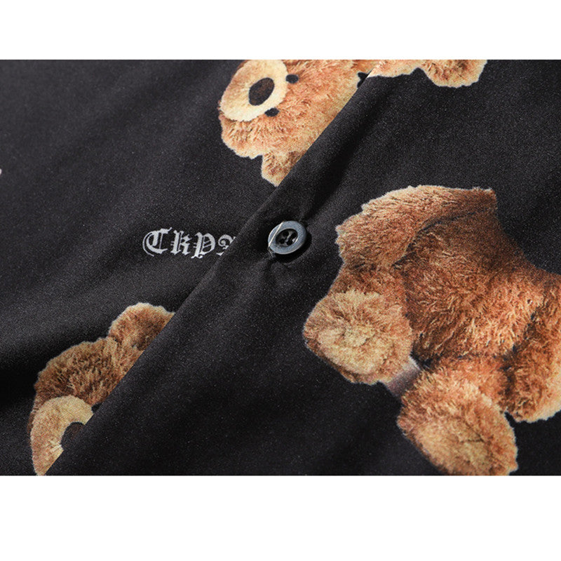 Bear Print Long-sleeved Shirt Men and Women High Street Drop Shoulder Shirt