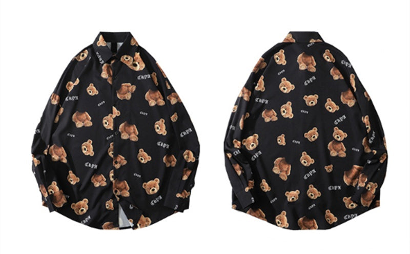 Bear Print Long-sleeved Shirt Men and Women High Street Drop Shoulder Shirt