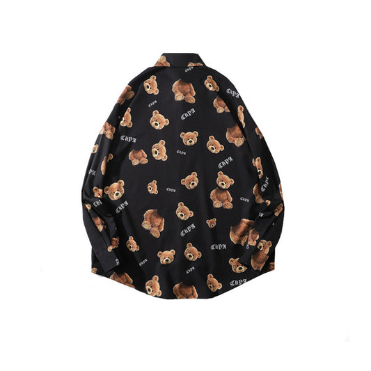 Bear Print Long-sleeved Shirt Men and Women High Street Drop Shoulder Shirt