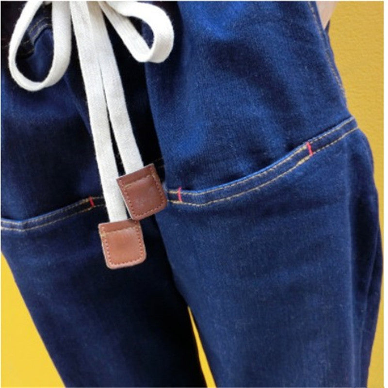 Elastic Waist Leather Rope Fashion All-match Thin Wash Jeans