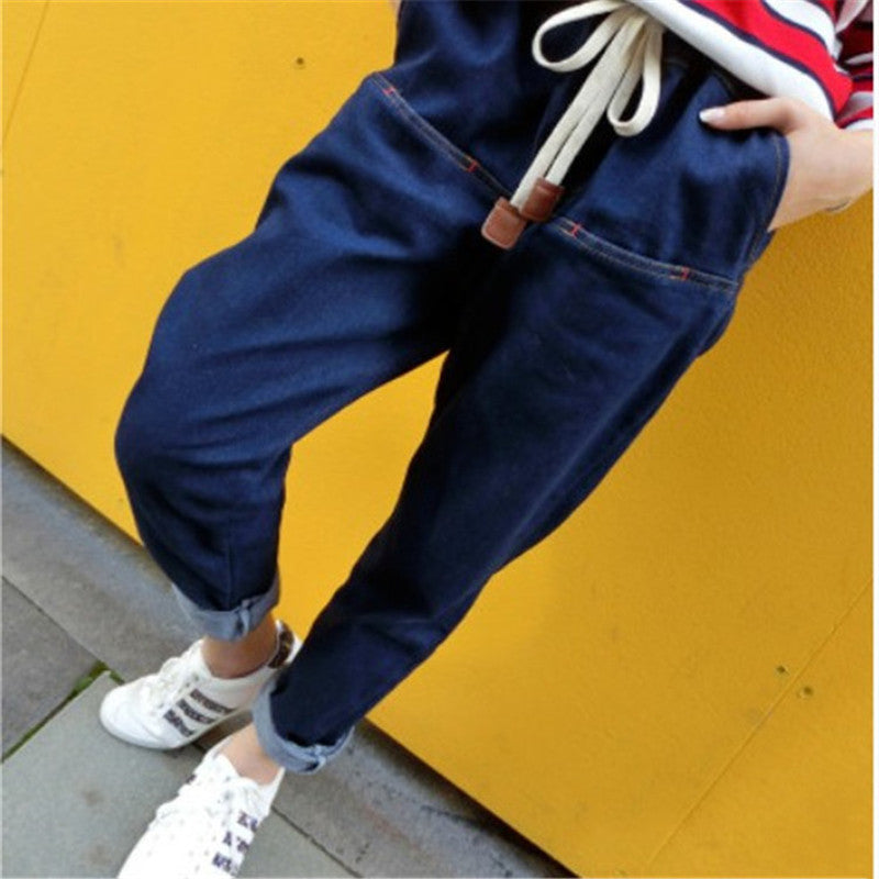 Elastic Waist Leather Rope Fashion All-match Thin Wash Jeans