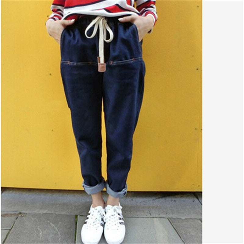 Elastic Waist Leather Rope Fashion All-match Thin Wash Jeans