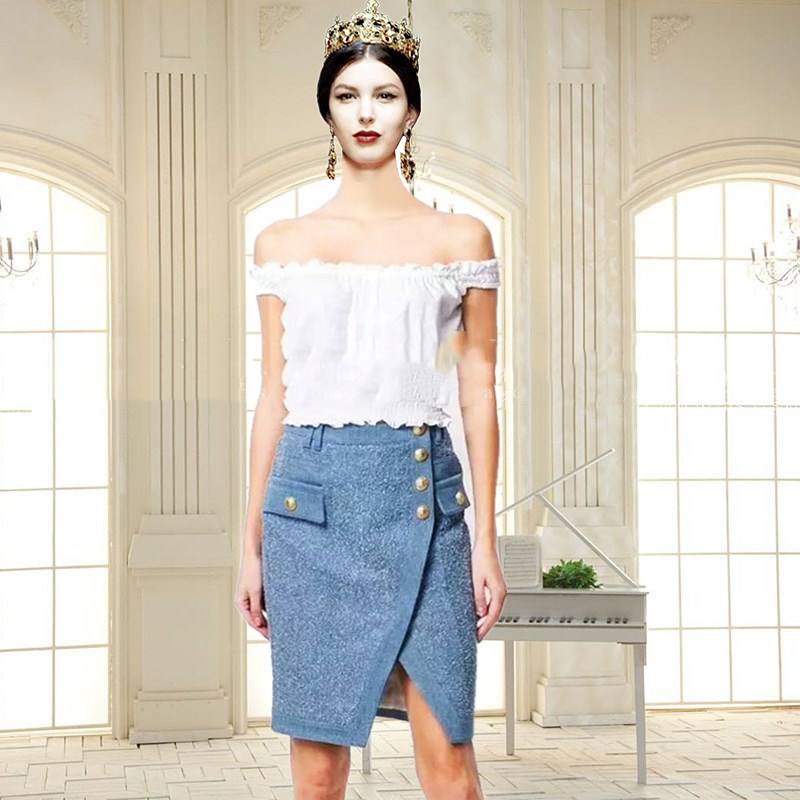 Frosted Washed Metal Buckle Irregular Split Hip Skirt