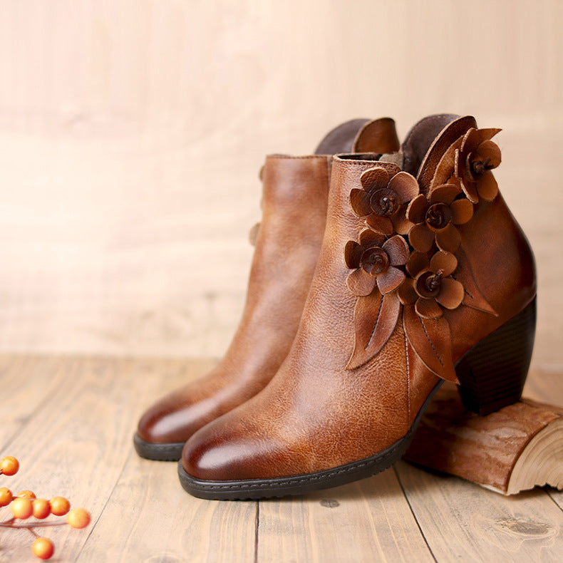 Women's Original Handmade Flower Shining Boots Mid-Heel Short Boots
