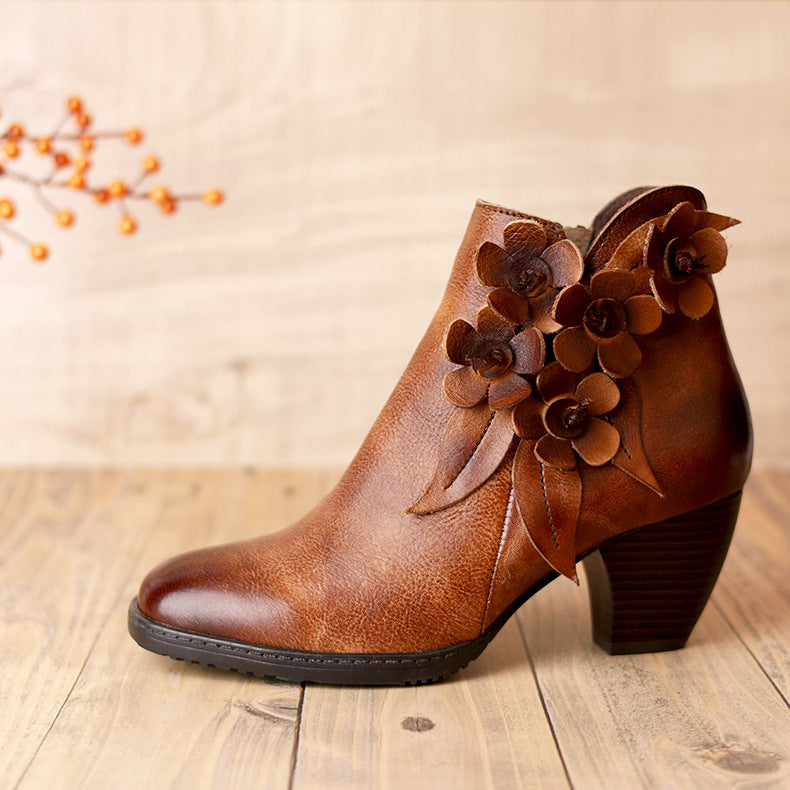 Women's Original Handmade Flower Shining Boots Mid-Heel Short Boots