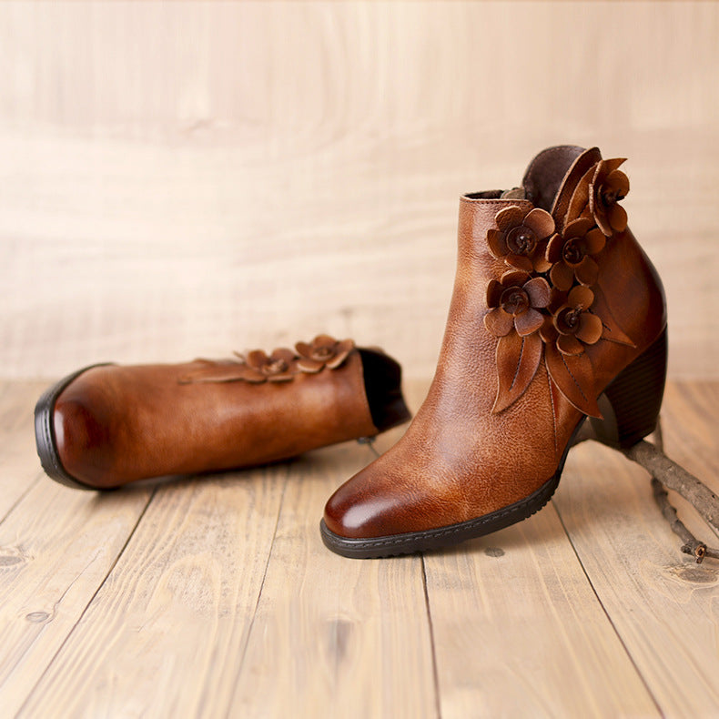 Women's Original Handmade Flower Shining Boots Mid-Heel Short Boots