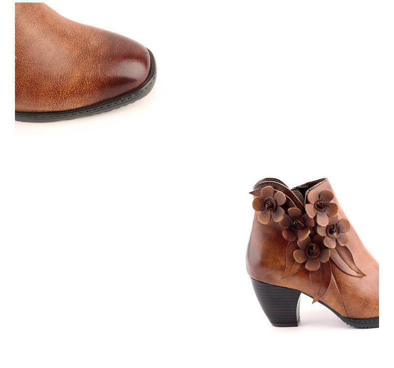 Women's Original Handmade Flower Shining Boots Mid-Heel Short Boots