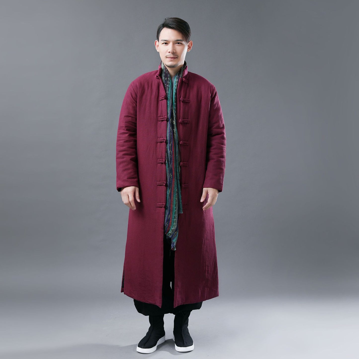 Folk Style Men's Cotton Jacket Solid Color Casual Standing Collar Cotton-padded Jacket