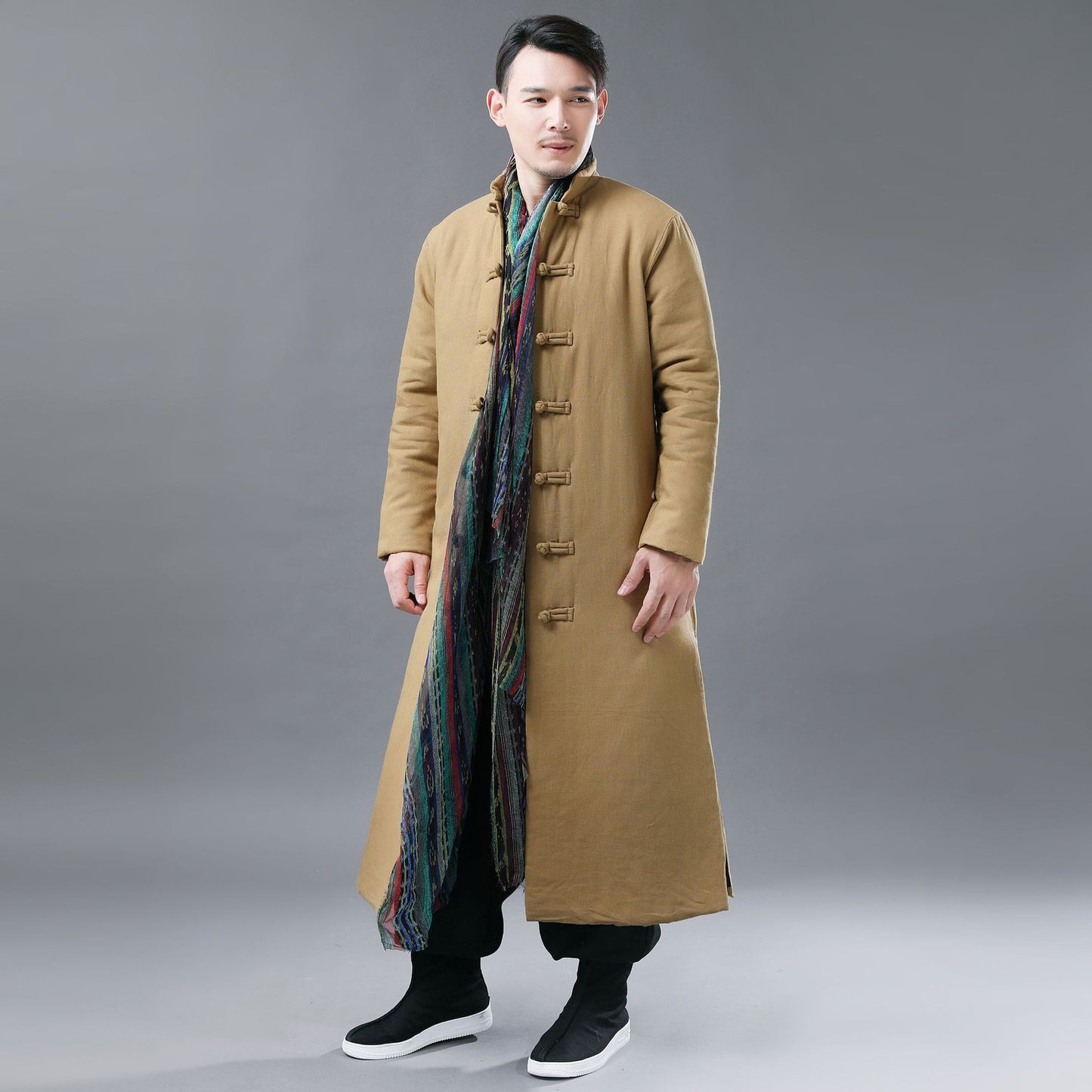 Folk Style Men's Cotton Jacket Solid Color Casual Standing Collar Cotton-padded Jacket