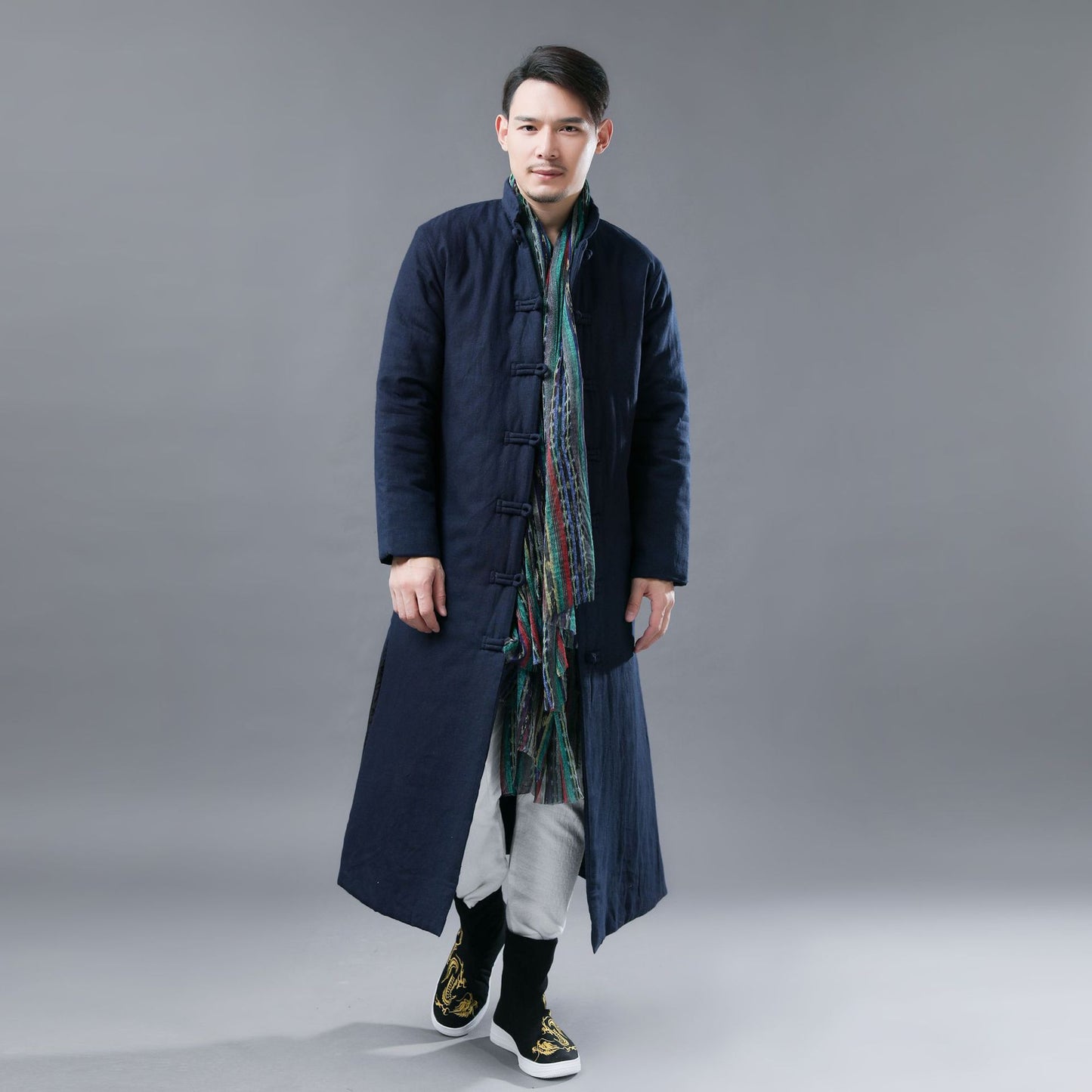 Folk Style Men's Cotton Jacket Solid Color Casual Standing Collar Cotton-padded Jacket