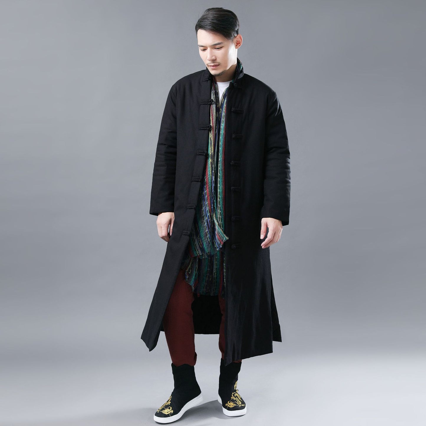 Folk Style Men's Cotton Jacket Solid Color Casual Standing Collar Cotton-padded Jacket
