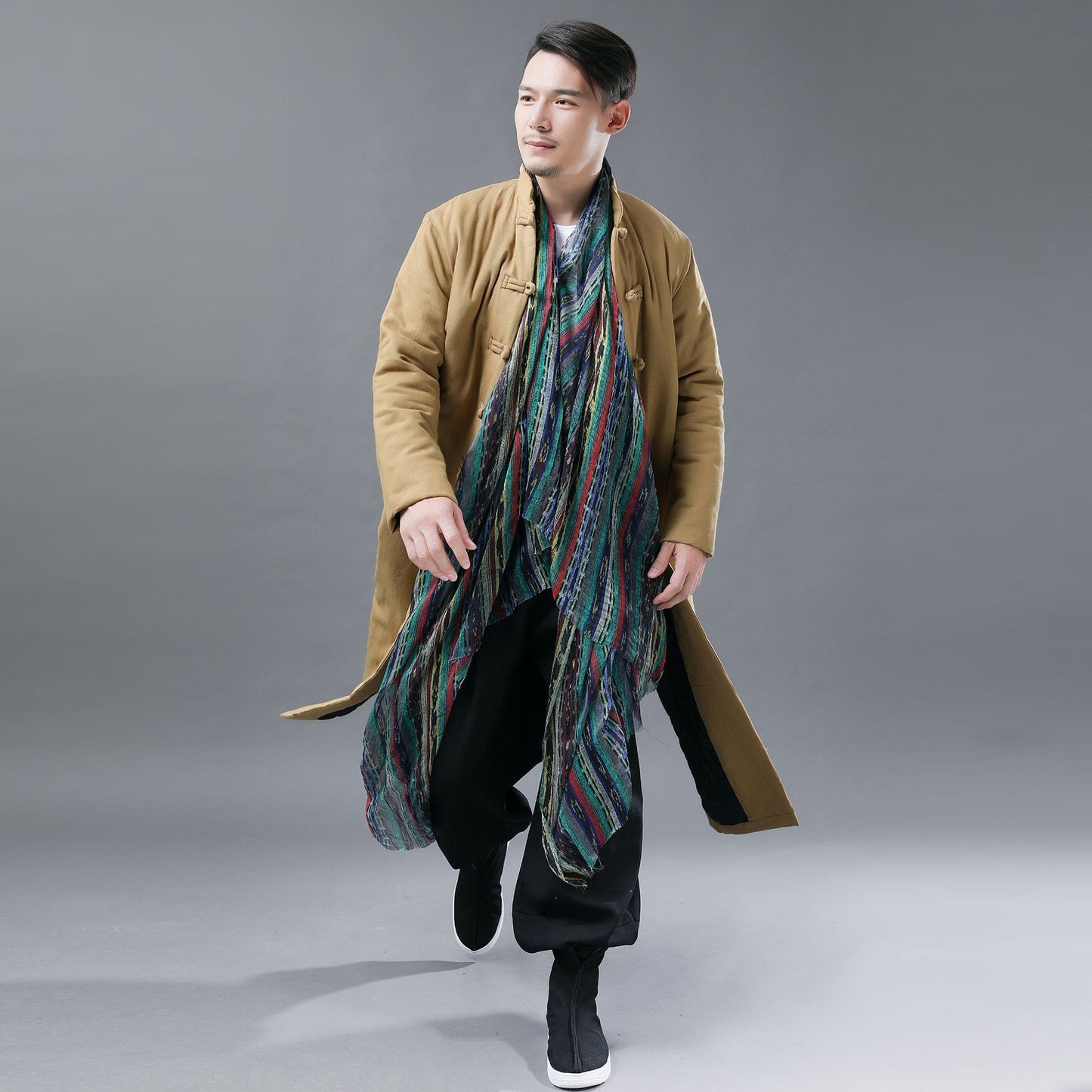 Folk Style Men's Cotton Jacket Solid Color Casual Standing Collar Cotton-padded Jacket