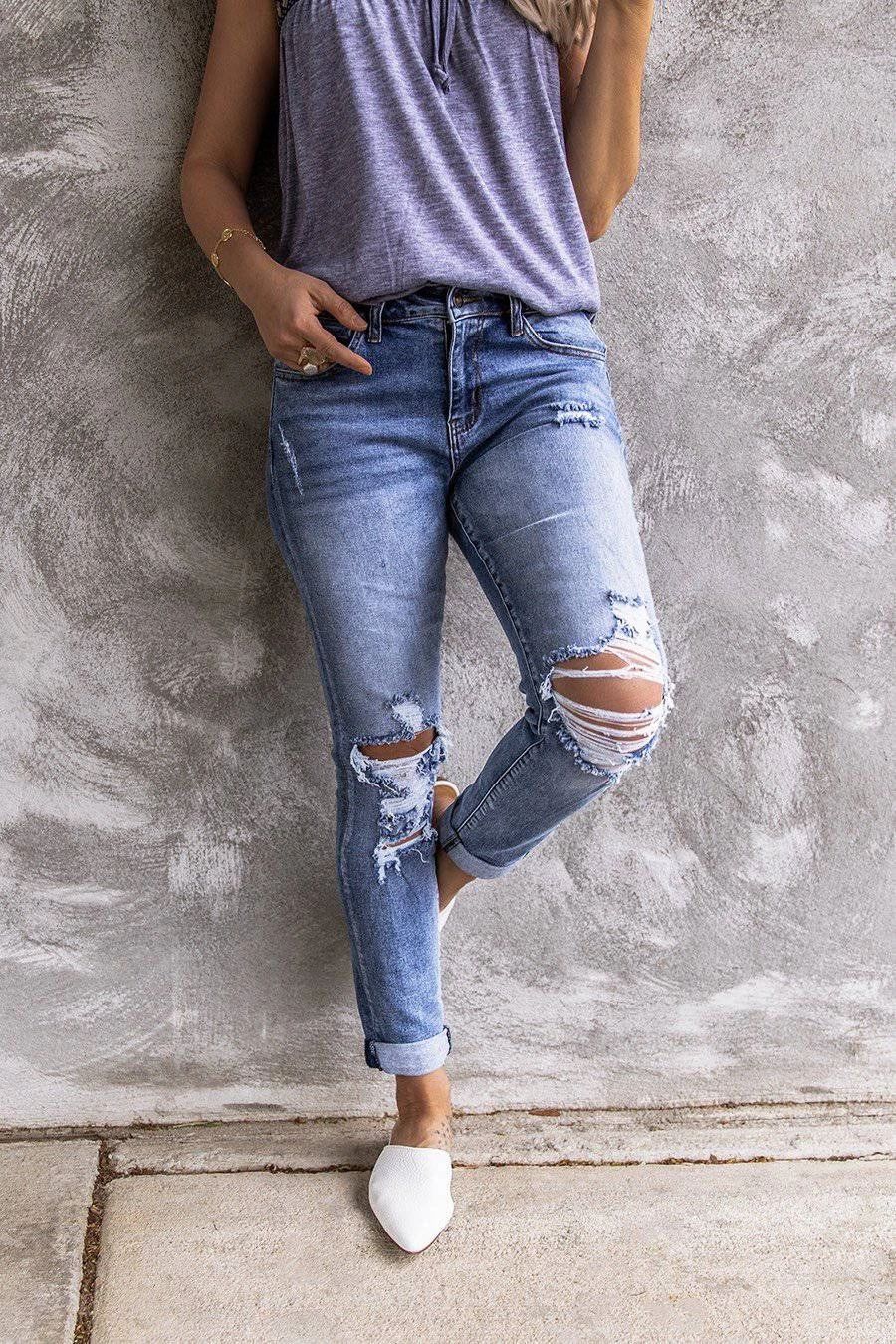 Ripped Retro Full-Jet Stretch Small Straight Jeans
