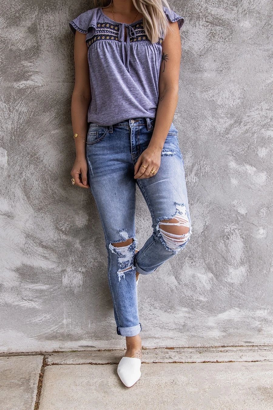 Ripped Retro Full-Jet Stretch Small Straight Jeans