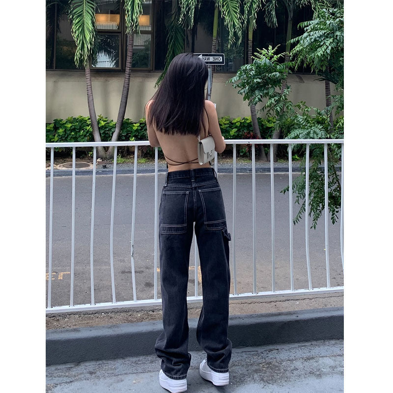 New High-Waist Mopping Cargo Wide-Leg Pants