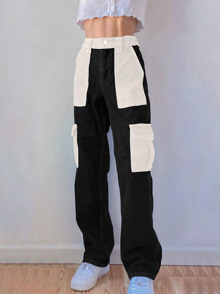 High Waist Contrast Stitching Multi-pocket Loose Jeans