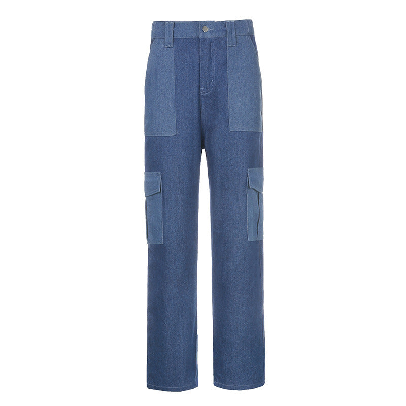 High Waist Contrast Stitching Multi-pocket Loose Jeans