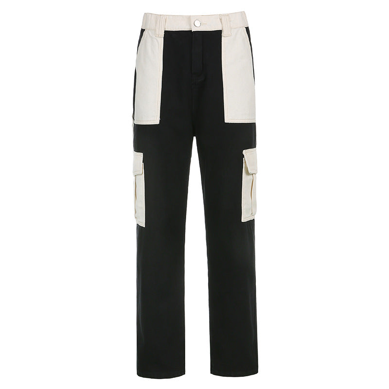 High Waist Contrast Stitching Multi-pocket Loose Jeans