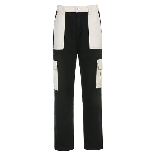 High Waist Contrast Stitching Multi-pocket Loose Jeans