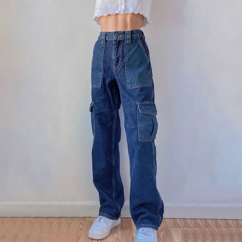 High Waist Contrast Stitching Multi-pocket Loose Jeans