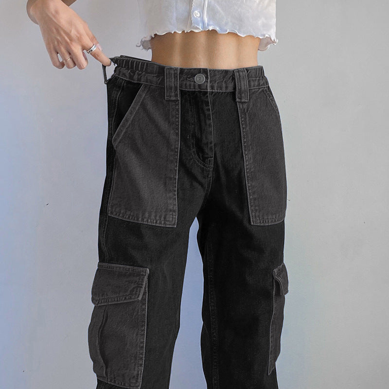 High Waist Contrast Stitching Multi-pocket Loose Jeans
