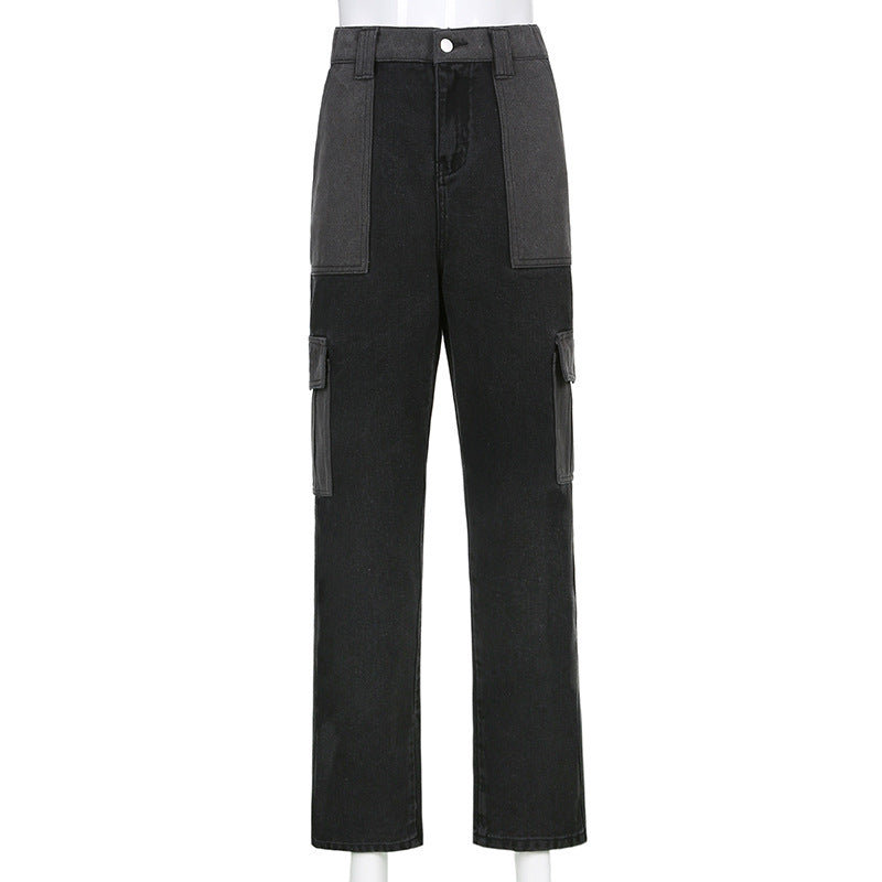 High Waist Contrast Stitching Multi-pocket Loose Jeans