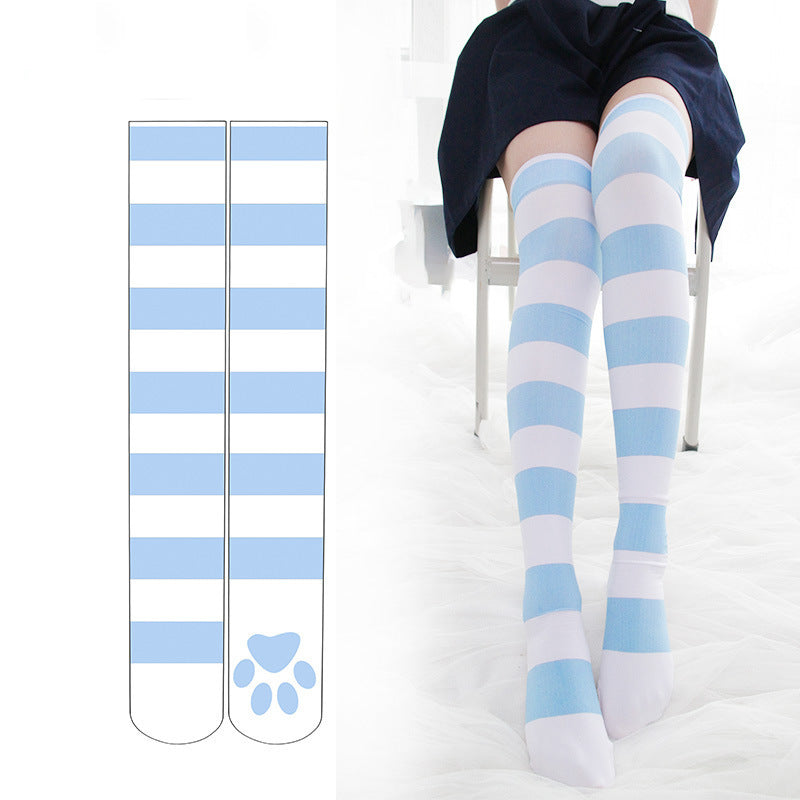 Cute Blue And White Striped Print Long High Socks
