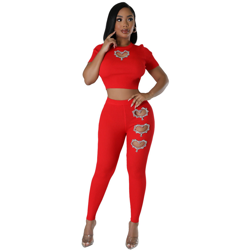 Women's Fashion Rhinestone Short-sleeved Trousers Casual Suit