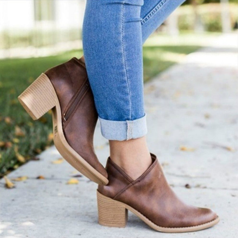 Thick Heel Pointed Toe Single Shoes Mid-heel Nude Boots
