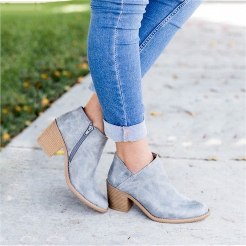 Thick Heel Pointed Toe Single Shoes Mid-heel Nude Boots