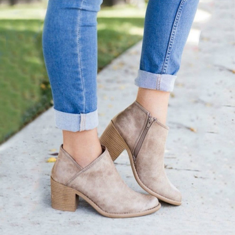 Thick Heel Pointed Toe Single Shoes Mid-heel Nude Boots