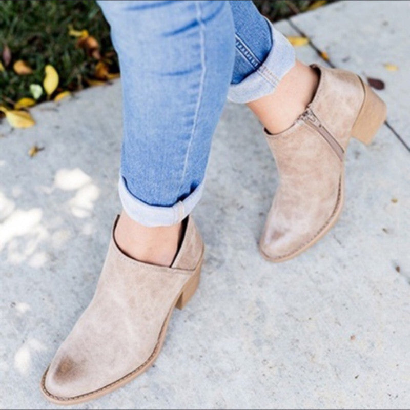 Thick Heel Pointed Toe Single Shoes Mid-heel Nude Boots