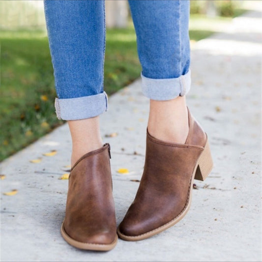 Thick Heel Pointed Toe Single Shoes Mid-heel Nude Boots