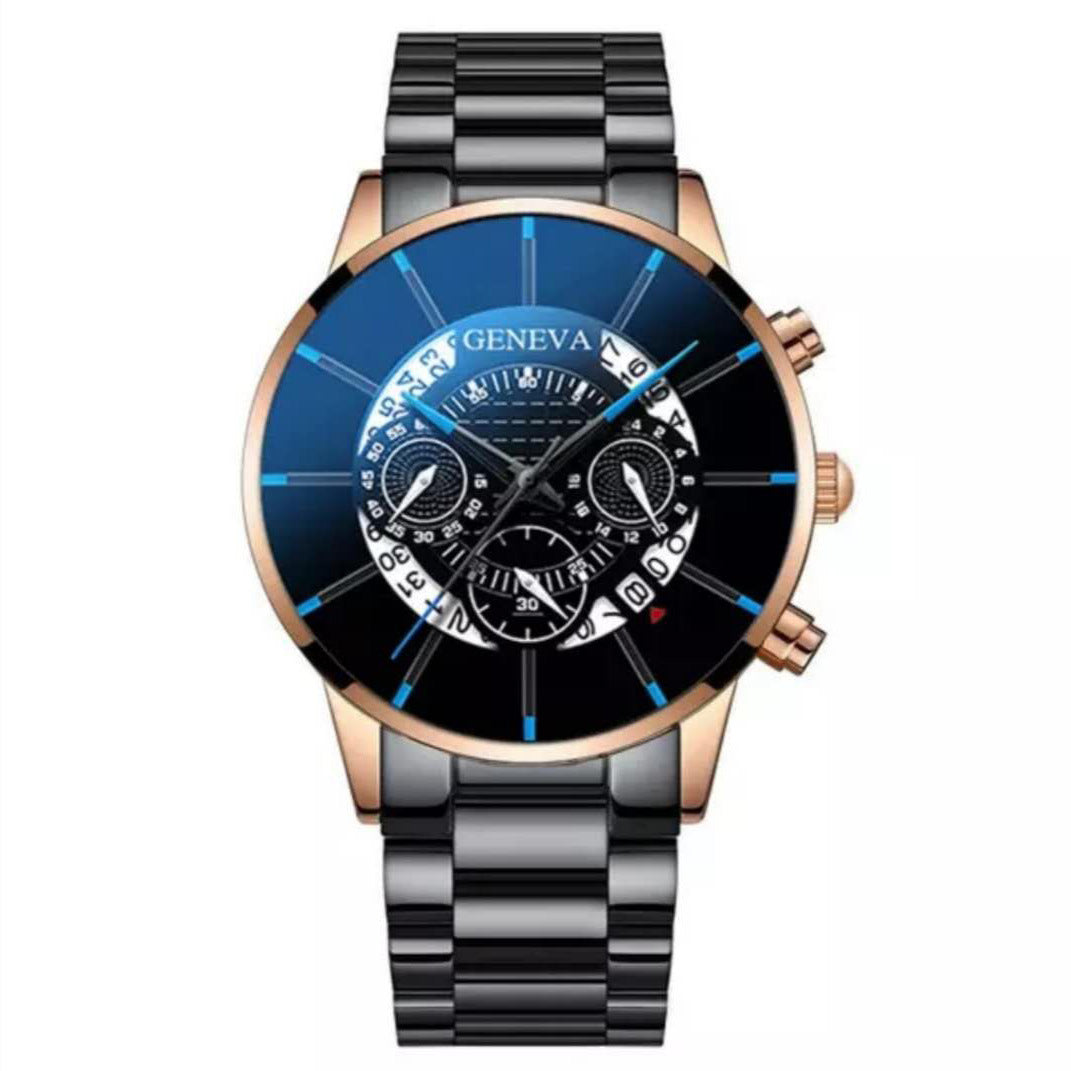 Men's Three Eyes Steel Band Watch Business Calendar Quartz Watch Belt Watch