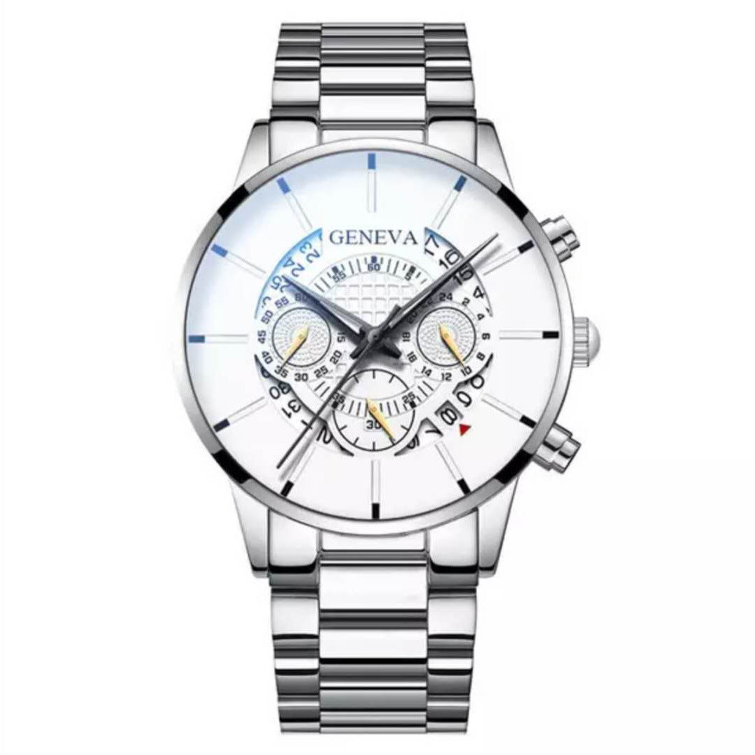 Men's Three Eyes Steel Band Watch Business Calendar Quartz Watch Belt Watch