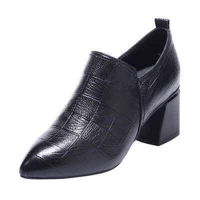 Deep Mouth Pointed Toe Spring Casual Shoes All-Match Mid-Heel Small Leather Shoes