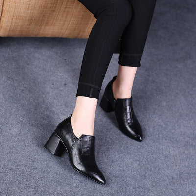 Deep Mouth Pointed Toe Spring Casual Shoes All-Match Mid-Heel Small Leather Shoes
