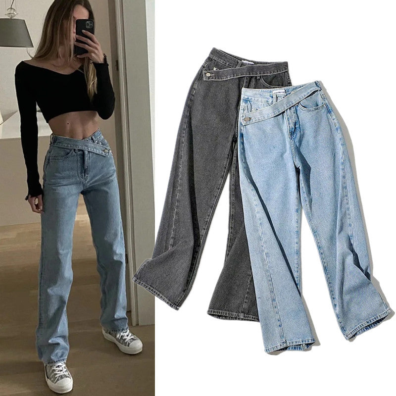 Autumn New Fashion Oblique Waist Wide-Legged Straight Jeans